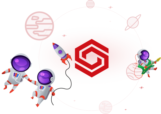 Pimcore Pimconauts floating through Space orbiting the CoreShop Logo
